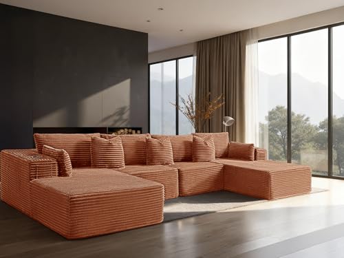 Image of 138 inch Cloud Sectional Couch, Comfort U Shaped Sofa for Living Room, Extra Deep Seats No Assembly, Minimalist Modular Couch, Corduroy (Deep Orange, 6 Seats,U-Shape C)
