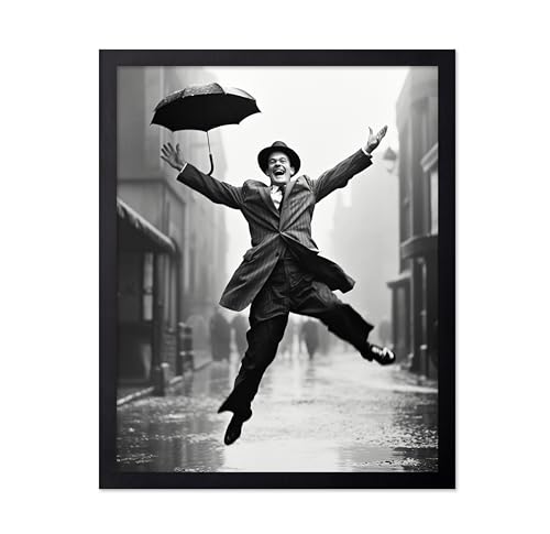 Poster Master Man in Rain Poster - Happy Gentleman Print - Black Umbrella Art - Photography Design - Black & White Design - Minimal Decor - Aesthetic Living Room or Office Decor - 11x14 Black Framed