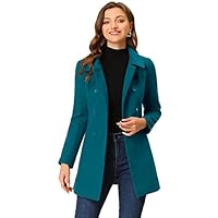 Allegra K Women's Peter Pan Collar Double Breasted Winter Long Trench Pea Coat Lake Blue S