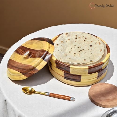 Image of Casserole for Roti /Chapati | 9 Inch Chess Design Roti Box with Lid | Premium Wooden Roti Dabba for Kitchen & Dining Two-Tone Brown