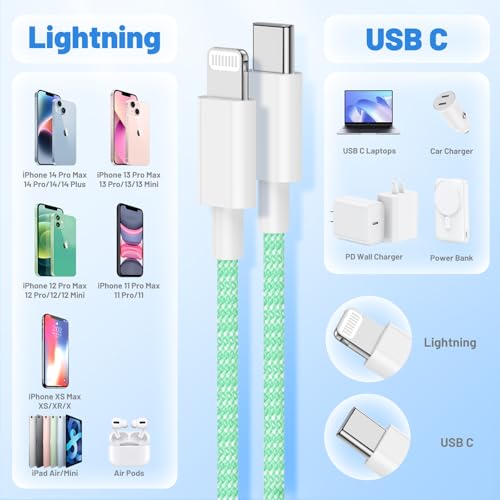 Image of USB C to Lightning Cable 2Pack 6FT+10FT,[Apple MFi Certified] Nylon Braided iPhone Fast Charging Cable, Power Delivery Charging Cord for iPhone 14 13 12 11 Pro Max /XS /Max /XR /8 /7,Pad Air /Pro,Green