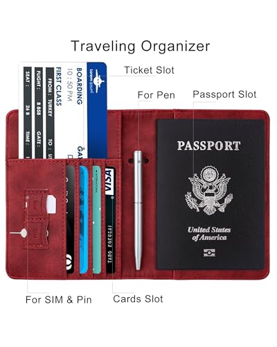 Image of WALNEW Passport Holder for Travel, RFID Passport Cover Wallet for Women Men, PU Leather Passport Book Card Holder Case with Pen (Elastic Band Closure, C-Red)