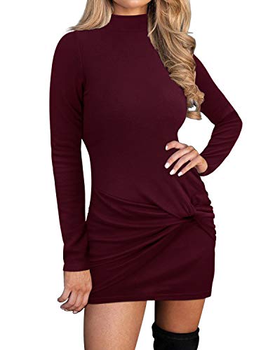 Berryou Women Casual Dresses Long Sleeve Front Tie Twist Autumn Dress(Burgundy,XL)