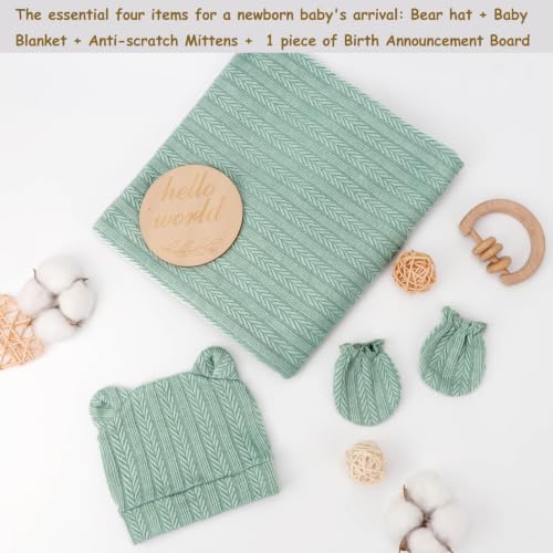 Image of DRESHOW BQUBO Newborn Receiving Blankets for Baby Girl Boy Swaddle with Bear Hat No Scratch Mittens Announcement Card Set for 0-3 Months