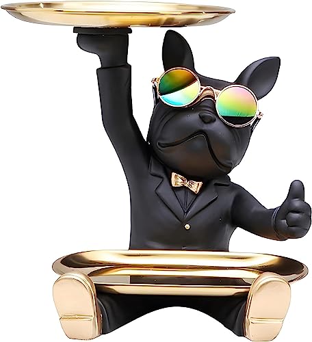 Jannlimt Statua Bulldog Vassoio, Statua Bulldog Ingresso Corridoio Svuotamento Tasca Scultura in Resina Statua Decorativa Bulldog Francese,Black