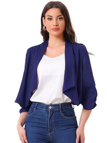 Image of Allegra K Summer Chiffon Bolero Shrug Blazer for Women's 3 /4 Ruched Sleeve Shawl Lapel Thin Lightweight Open Front Cardigans