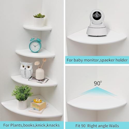 Image of Corner Wall Shelves, White Floating Corner Shelf, Set of 2 16inch Solid Oak Wood Shelves, Round End Wall Mount Display Shelf with Wire Hole for Small Plant for Bedroom Kitchen, Living Room
