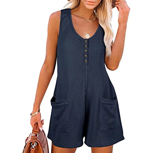 Image of Women's Waffle Romper Jumpsuit Button Front Sleeveless Shorts Casual Summer Overalls with Pockets