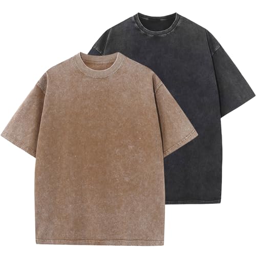 Image of Men's Oversized Cotton T-Shirts Loose Fit Vintage Washed Tee Unisex Short Sleeve Casual Shirts Tops