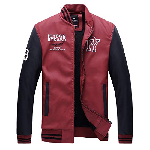 Men's Faux Leather Jacket Casual Long Sleeve Baseball Stand Collar Slim Fit Coat Bomber Outwear (Red, 2XL)