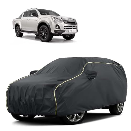 Image of Sulfar 100% Water Resistant Car Body Cover Compatible with Mirror for Isuzu V-Cross (Triple Stitched, Full Bottom Elastic, Dark Grey Tafetta with Yellow Piping)