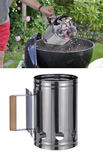 Bambelaa! Grillkohleanzünder mit Griff aus Holz Anzündkamin Brennsäule Grillkamin Anzünder Silber/Schwarz ca. 17x27x27cm (Holzgriff, Silber)