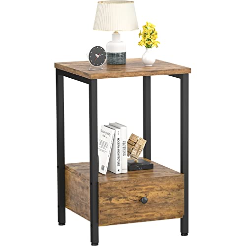 Ecoprsio Nightstand End Table with Drawer Bedside Table with Storage Shelf for Bedroom Living Room, Rustic