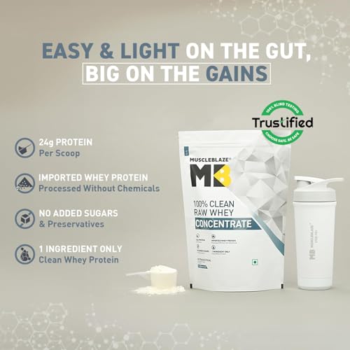 Image of MuscleBlaze 100% Clean Raw Whey Protein Concentrate (Unflavoured, 1kg) with Shaker | Combo Pack | 24g Protein per Scoop | Easy to Digest