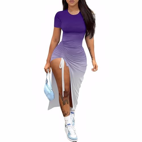 Image of Nimsruc Women Sexy Summer Dresses Short Sleeve Thigh-high Slit Ruched Bodycon Maxi Club Cocktail Party Dress