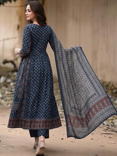 Image of ASSUME FAB Women's Blue Viscose Ajrakh Print Anarkali Kurta with Pant & Dupatta Set | Ethnic V-Neck Flared Salwar Suit for Wedding