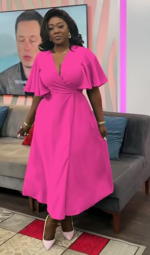 Image of Summer Dresses for Women Semi-Formal Fit Casual Short Ruffle Sleeve V Neck Elegant Swing Split Long Maxi Dresses