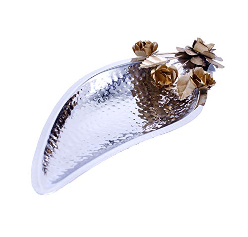 StatueStudio Brass Decorative Serving Tray Cum Bowl with Leaf Shaped Flower Design Home Kitchen Container Serveware Corporate Diwali Office Gift Set Silver (12 × 5.5 × 2 Inches)