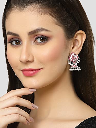 Image of Karatcart Silver Tone Diamond Shape Pink and Blue Carved Stone Studded Drop Earrings for Women