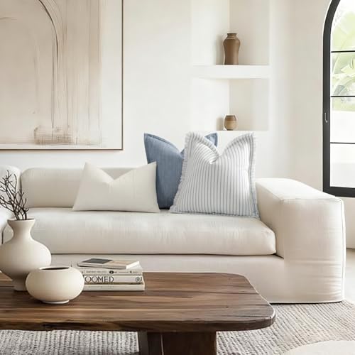 Image of ZWJD Throw Pillow Covers 22x22 Set of 2 Striped Pillow Covers with Fringe Chic Cotton Decorative Pillows Square Cushion Covers for Sofa Couch Bed Living Room Farmhouse Decor (Light Blue)