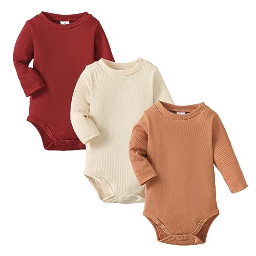 Image of OPAWO Long Sleeve Onsies for Baby Girls' Bodysuits Newborn 3 Pack Infant Ribbed Fall Baby Girl Romper Undershirt