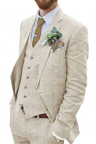 Retro Beige Linen Men Suit Casual Wedding Suit for Men Notched Lapel Slim Fit 3 Pieces Jacket Blazer...