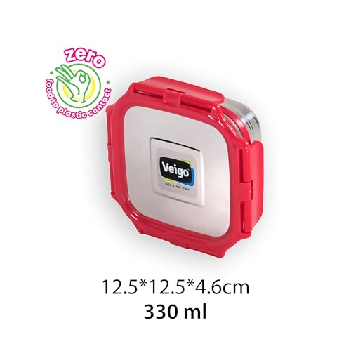 Image of Veigo Original Stainless Steel Medium Snack Box (300 ml), Airtight & Leakproof, Freezer & Dishwasher Safe, Snacks Box for School, Silicone Ring & Polymer Frame, Safe Lid Lock, Red