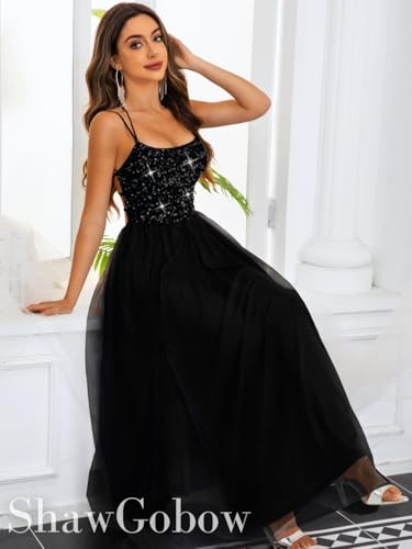 Image of ShawGobow Tulle Prom Dress with Slit,Sequin Backless Long Flowy Dresses for Women,Sexy Sparkly Outfits Homecoming Wedding