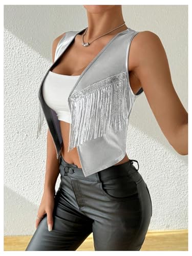 SHENHE Women's Metallic Sequin Fringe Vest Open Front Sleeveless Crop Jacket Rave Clubwear2