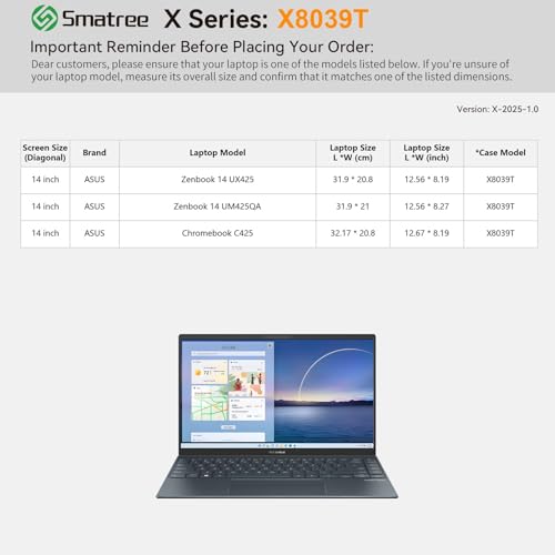 Image of Smatree Hard EVA Protective Sleeve Compatible for 14 inch ASUS Chromebook Plus C425, for Zenbook 14 UM425QA /UX425, Waterproof and Anti-Shock Sleeve Case (X8039T)