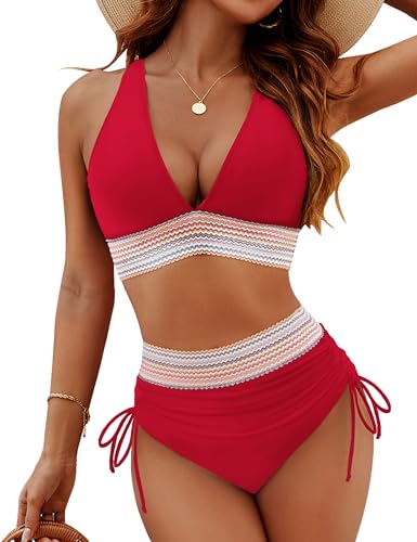 Image of Blooming Jelly Women High Waisted Bikini Sets Tummy Control Swimsuits Color Block Two Piece Drawstring Bathing Suit