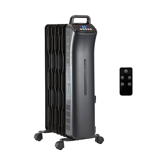 Amazon Basics Oil Space Heater with Remote Control, Portable Radiator Heater with 7 Oil-Filled Fins Indoor Uses, 3 Heat Settings, Thermostat, Tip-Over Protection, ETL Safety Certificate, 1500W, Black