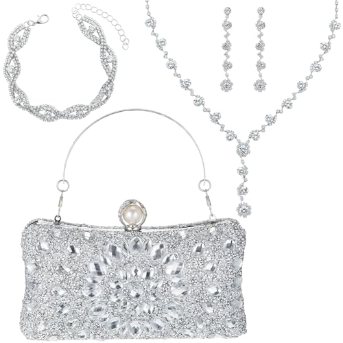 Image of Quelay 4 Pcs Purse Rhinestone Jewelry Set for Wedding Bridal Women Evening Clutch Bag Necklace Dangle Earrings Bracelets