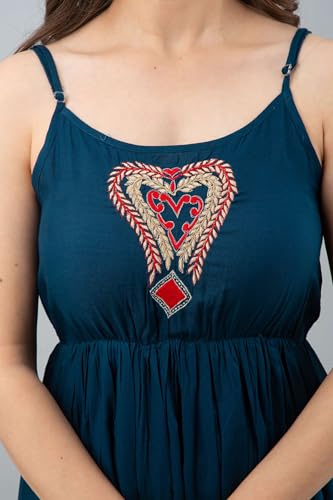 Image of Women's Rayon Sleeveless Embroidered Anarkali Kurti (Royal Blue)