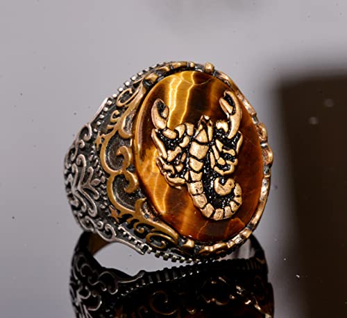 Natural Tiger Eye Gemstone Ring, Scorpion Bronze Piece Ring, 925 Sterling Silver Ring, Stacking Ring #TOP2