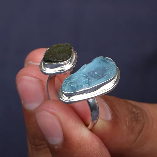 Natural Moldavite Ring 925 Sterling Silver Handmade Jewelry With Certified Gemstone From Czech Republic Aquamarine Silver Promise Ring Gift For Mens/Womens (Moldavite/Aquamarine)2