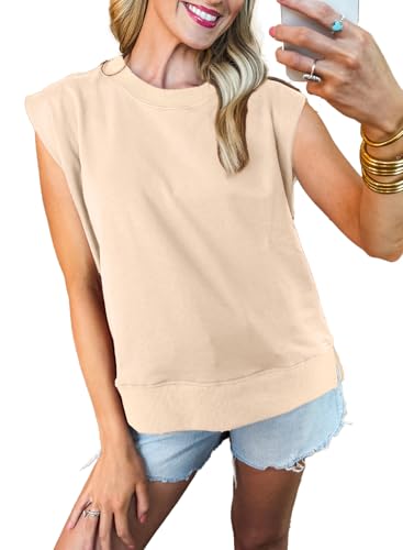 SHEWIN Womens Tops Trendy Crew Neck Loose Fit Shirts for Women 2025 Casual Ladies Top and Blouses Short Sleeve Sweatshirt Oatmeal Small
