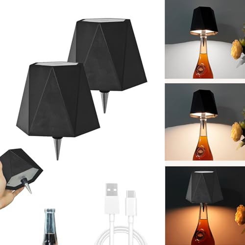 Image of JKEYES 2Pcs Wireless Bottle Lamp 3 Color Stepless Lamp 5000mAh Battery Powered Table Lamp Cordless Table Lamp, Rechargeable LED Desk Lamp for Bedroom, Restaurant & Bar, Gifts(Black)