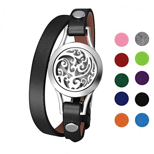 Flongo Aromatherapie Lederarmband Damen-Armband Armreif Aroma Locket Diffuser Duftstofflocket mit Farbigen Filz-Pads ätherisches Öl Diffusor für Frauen Schwarz Cover