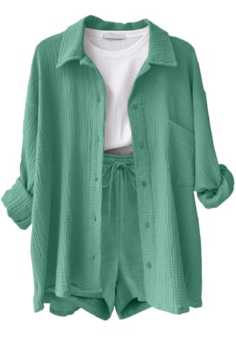 Joligiao Conjuntos Mujer Verano Casual Dos Piezas Pantalon Cortos y Blusa Elegante Conjunto Lino Chándal Camisa Manga Larga Conjunto de Verano Ropa de Playa Chandal con Bolsillos(Verde claro,M)