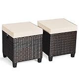 Tangkula 2 Pieces Outdoor Patio Ottoman, All Weather Rattan Wicker Ottoman Seat, Patio Rattan Furniture, Outdoor Footstool Footrest Seat w/Removable Cushions