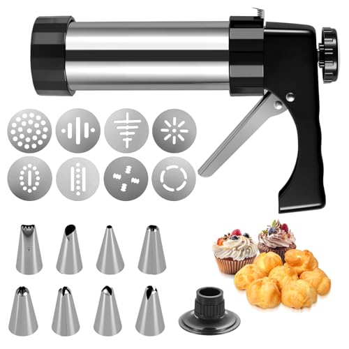 Glitfix Edelstahl Gebäckpresse mit 8 Tüllen und 8 Schablonen - Profi Spritzgebäck Presse Gebäckspritze Kekspresse für Kekse Kuchen Plätzchen