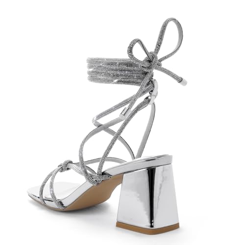 Image of Shoe'N Tale Lace Up Heels for Women Ankle Strappy Gladiator High Heeled Sandals Chunky Block Heel Square Open Toe Criss Cross Dress Shoes