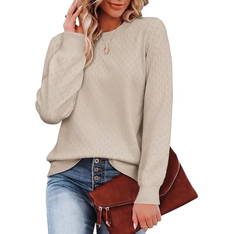 Zeagoo Womens Jumpers Long Sleeve Tops Ladies Knitted Jumper Crew Neck Hollowed Sweater Loose Lightweight Tops Plain Casual Sweatshirt Light Grey M Cover