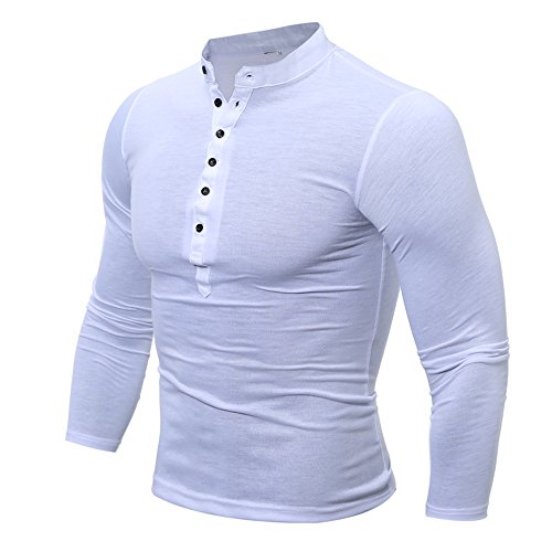 Rovinci_Mens Button Neck T Shirts Blouse Long Sleeve Slim Fit Pollover Shirt Solid Tops Plain Muscle Holiday Collared Tight Top White