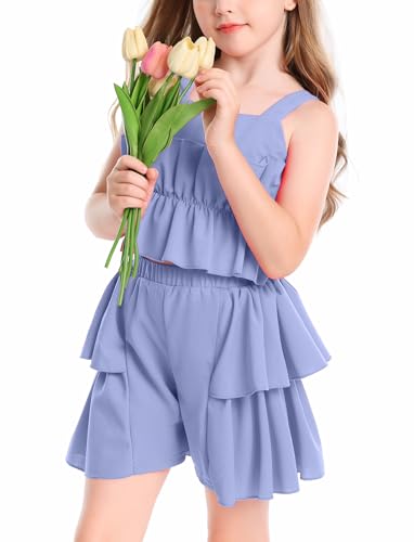 Image of Cute Toddler Girls Two Piece Short Sets Ruffle Sleeveless Top and Elastic Waistband Short Sets