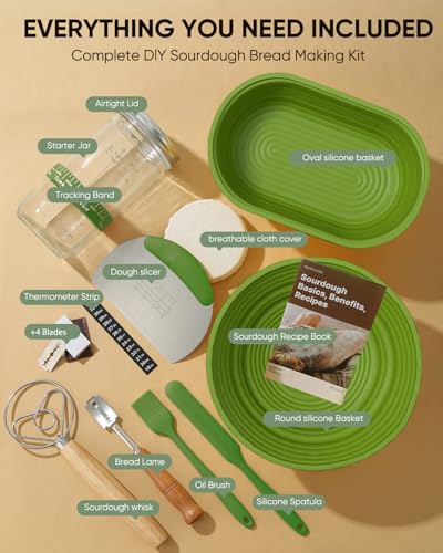 Image of Sourdough Bread Baking Supplies 34 OZ Sourdough starter kit with 2 Bread Proofing Basket - Green