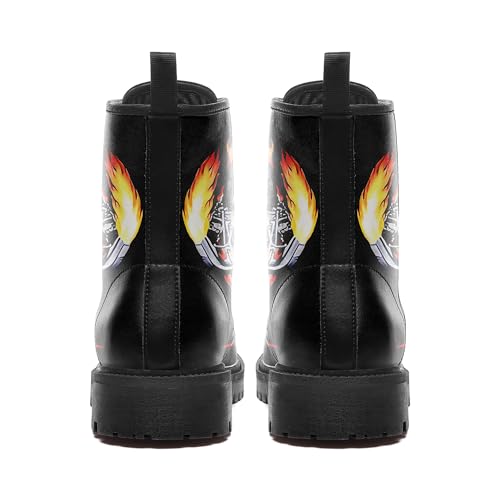 Image of Custom Black Combat Boots for Women Fashion Lace-Up Skull Rose Ankle Booties Chunky Heel Platform Leather Boots