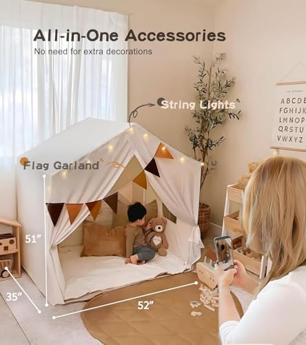Little Dove LD-UPYXW19-BE Kids Play Tent, Large Kids Playhouse With String Lights And Flag Garland, Bed Tent With 2 Windows, Machine Washable Reading Nook, Indoor & Outdoor thumb #6