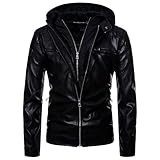 Legogo Herren Punk Hooded Reißverschluss Mode Leder Biker Jacke Mantel(L,Schwarz)